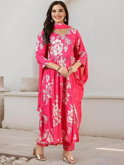 Dhiyona IS Women's Floral Printed Pure Cotton A-Line Kurta With Trousers & Dupatta