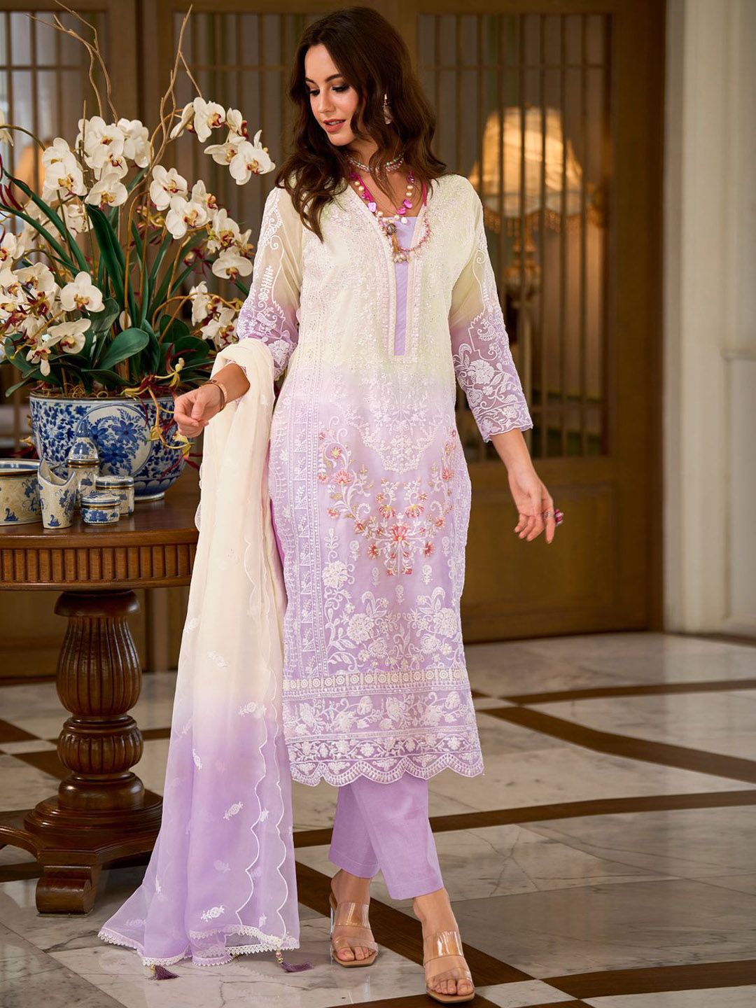 Floral Embroidered Sequinned Straight Organza Kurta With Trousers And Dupatta
