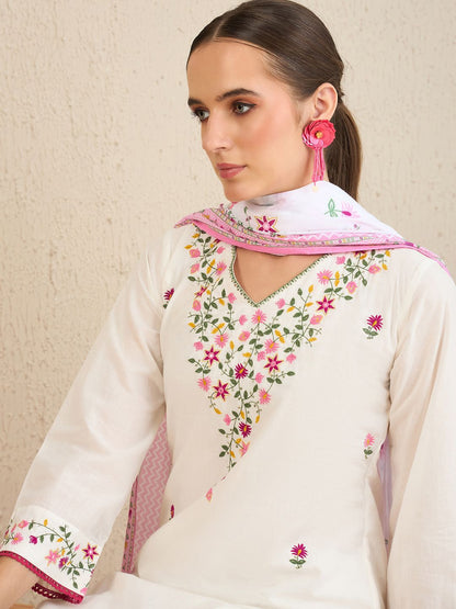 Dhiyona IE Floral Embroidered Thread Work Pure Cotton Straight Kurta With Trousers & Dupatta