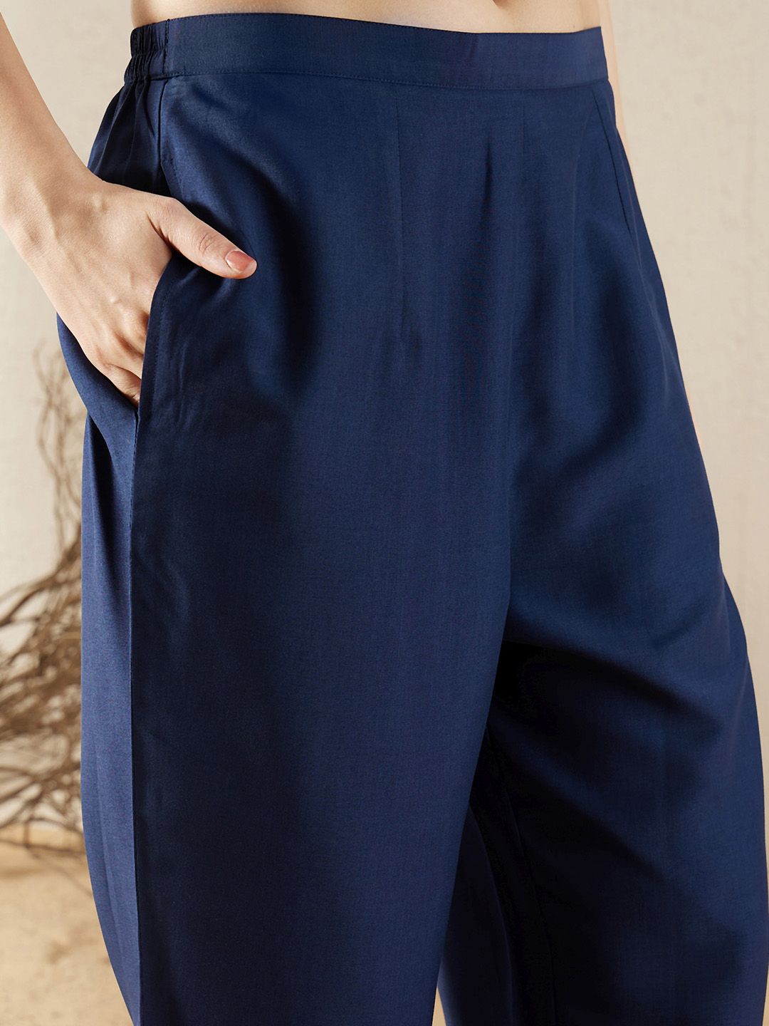 Dhiyona IE Navy Blue Embroidered Yoke Design Aari Work Kurta With Trousers & Dupatta