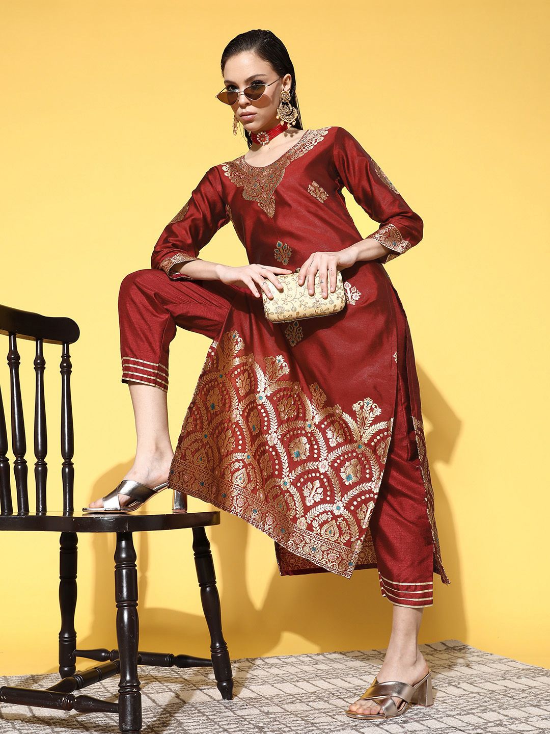 Women Maroon & Gold-Toned Ethnic Motifs Woven Design Kurta with Palazzos