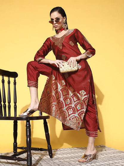 Women Maroon & Gold-Toned Ethnic Motifs Woven Design Kurta with Palazzos