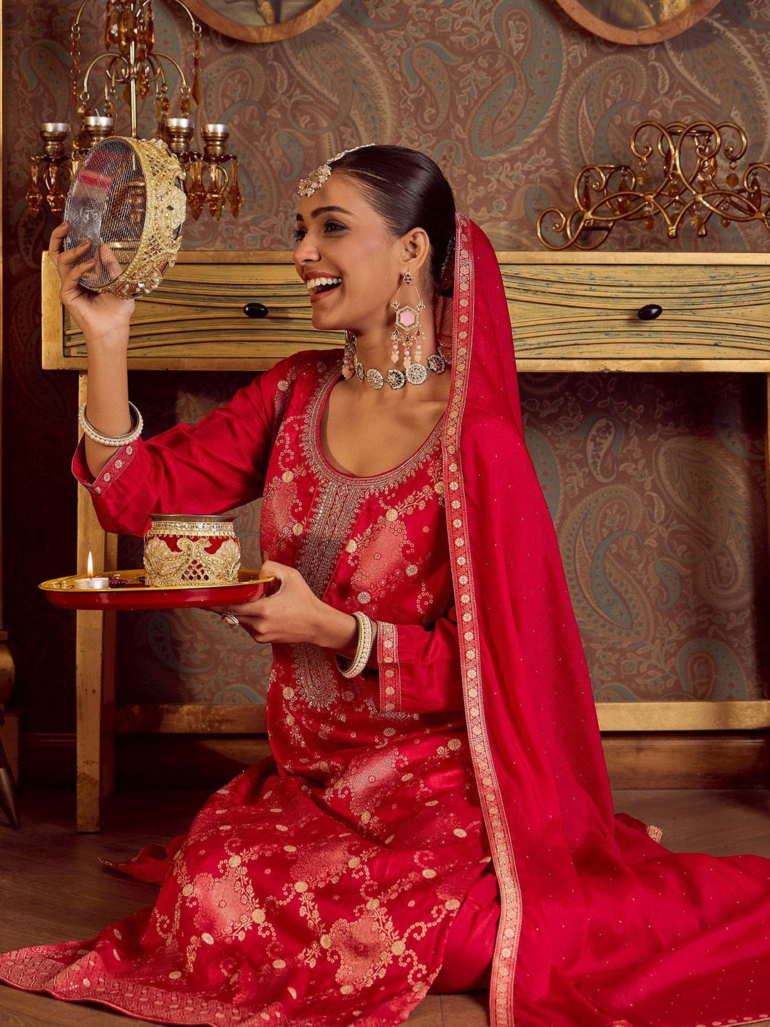 Women Embroidered Regular Kurta with Trousers & With Dupatta