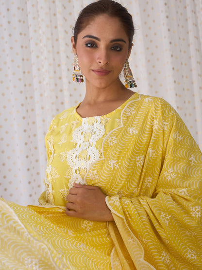 Round Neck Floral Embroidered Pure Cotton Straight Kurta with Trouser & Dupatta