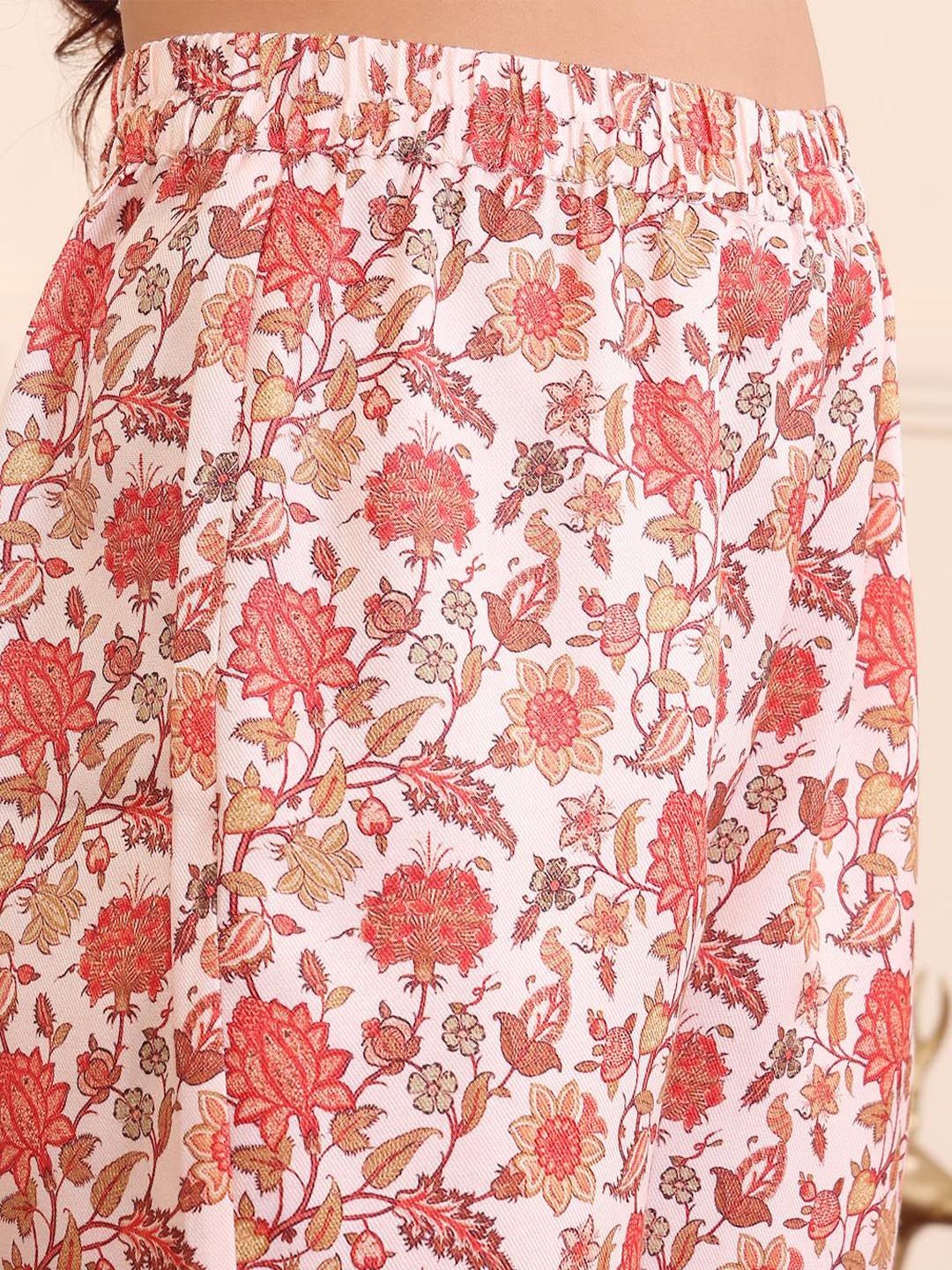 Dhiyona VA Women'sOff White Floral Printed V-Neck Flared Sleeves Straight Kurta With Trousers