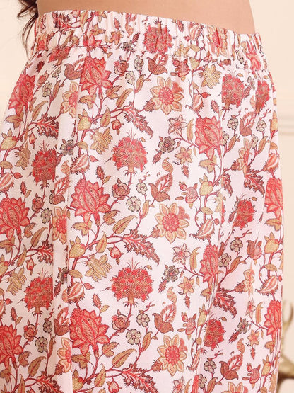 Dhiyona VA Women'sOff White Floral Printed V-Neck Flared Sleeves Straight Kurta With Trousers
