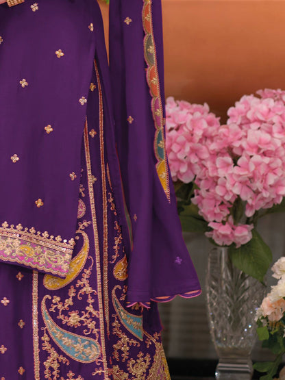 Floral Embroidered Sequinned Chinon Straight Kurta With Palazzos & Dupatta