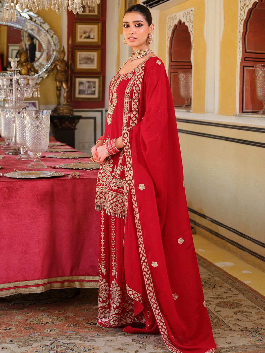 Adults-Women Woven Design Embroidered Kurta with Palazzos & Dupatta