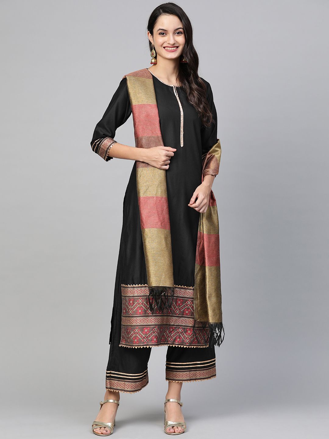 Dhiyona IE Women Black & Golden Solid Kurta with Palazzos & Dupatta