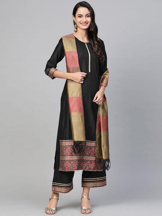 Dhiyona IE Women Black & Golden Solid Kurta with Palazzos & Dupatta