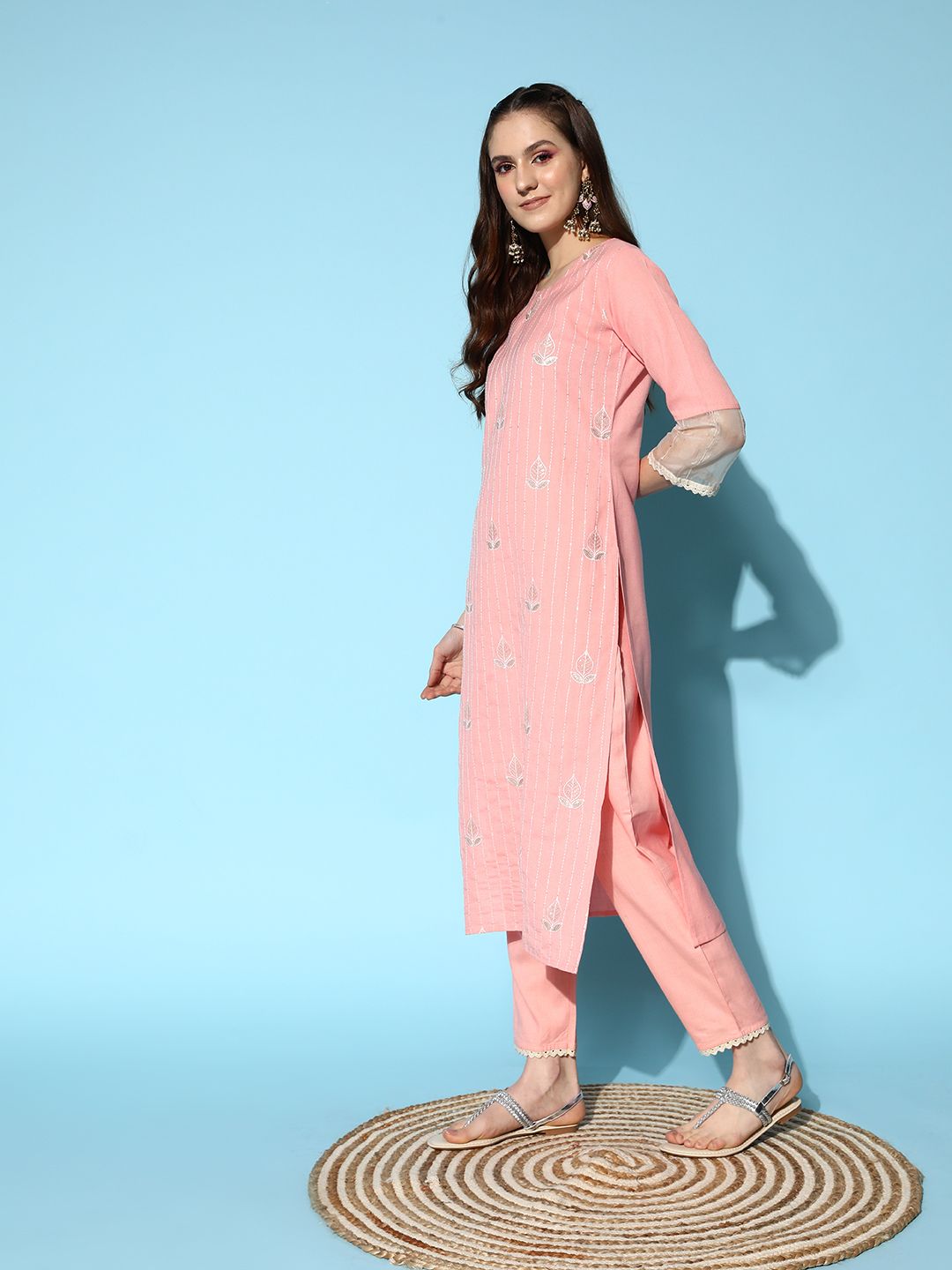 Women Peach-Coloured Ethnic Motifs Embroidered Sequinned Kurta Set