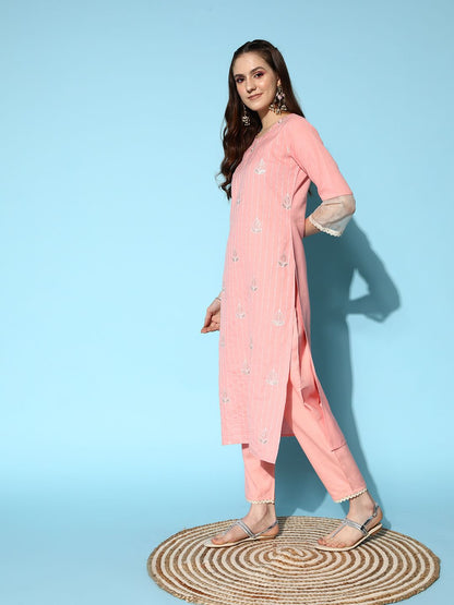 Women Peach-Coloured Ethnic Motifs Embroidered Sequinned Kurta Set