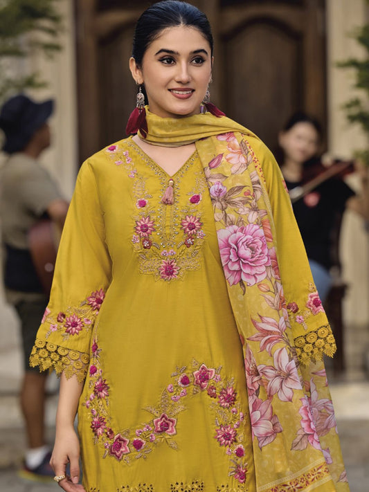Dhiyona VA Women'sFloral Embroidered Thread Work Pure Cotton Straight Kurta With Trousers & Dupatta