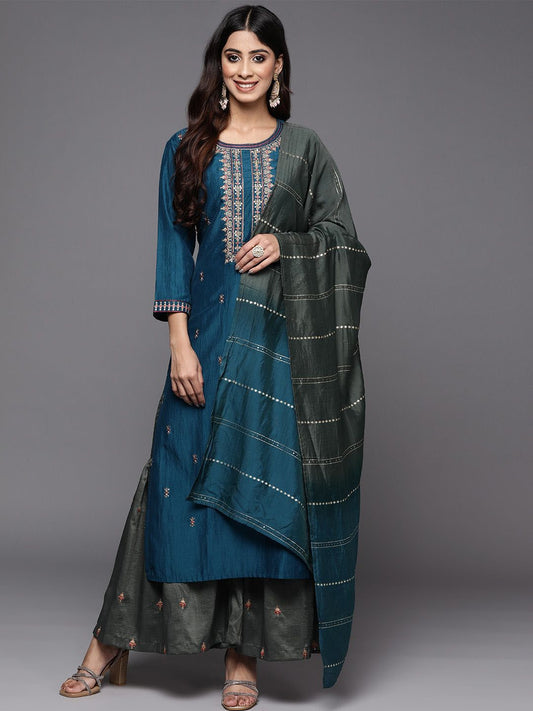 Dhiyona VA Women'sEthnic Motifs Thread Embroidered Sequinned Kurta with Sharara & Dupatta