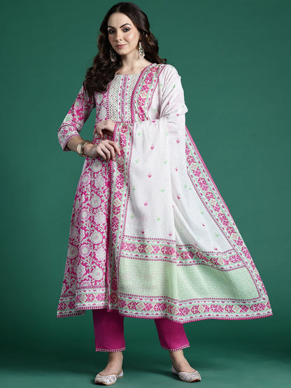 Floral Printed Pure Cotton Kurta with Trousers & Dupatta