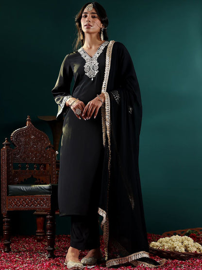 Dhiyona VA Women's Ethnic Motifs Embroidered Regular Mirror Work Kurta with Trousers & With Dupatta