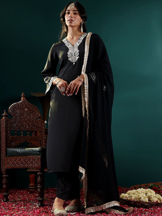 Dhiyona VA Women's Ethnic Motifs Embroidered Regular Mirror Work Kurta with Trousers & With Dupatta