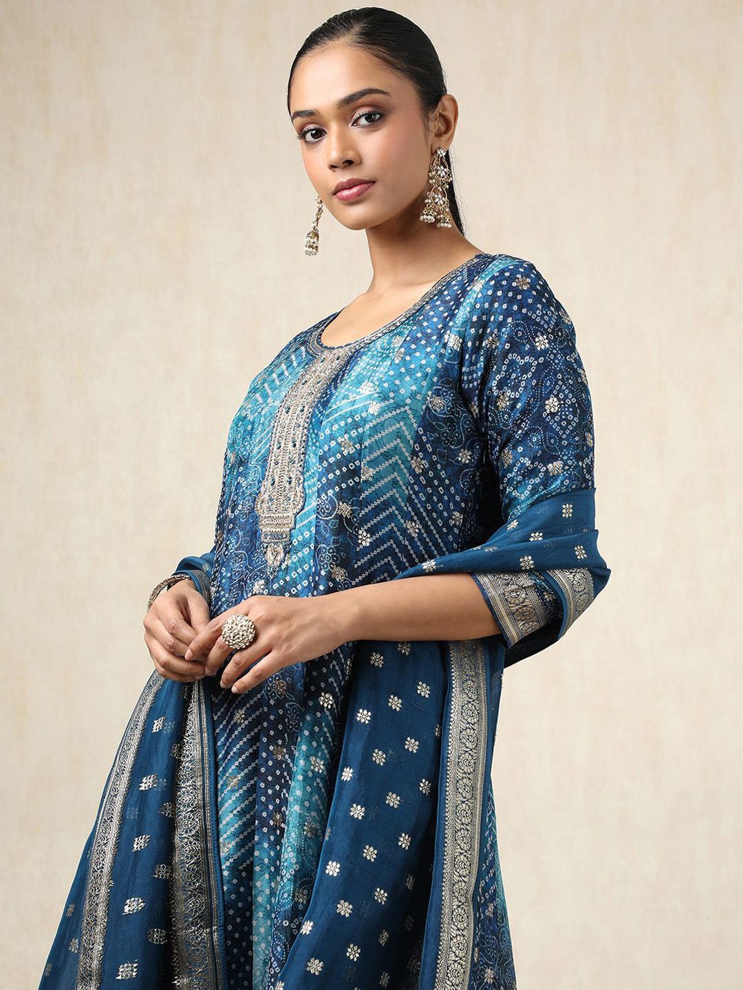 Dhiyona SO Women's Bandhani Printed Zari Work Brocade Anarkali Kurta With Trousers And Dupatta