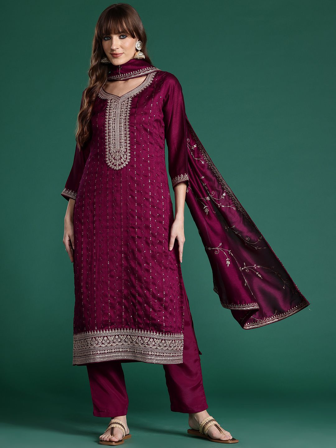 Ethnic Motifs Embroidered Sequinned Kurta with Trousers & With Dupatta