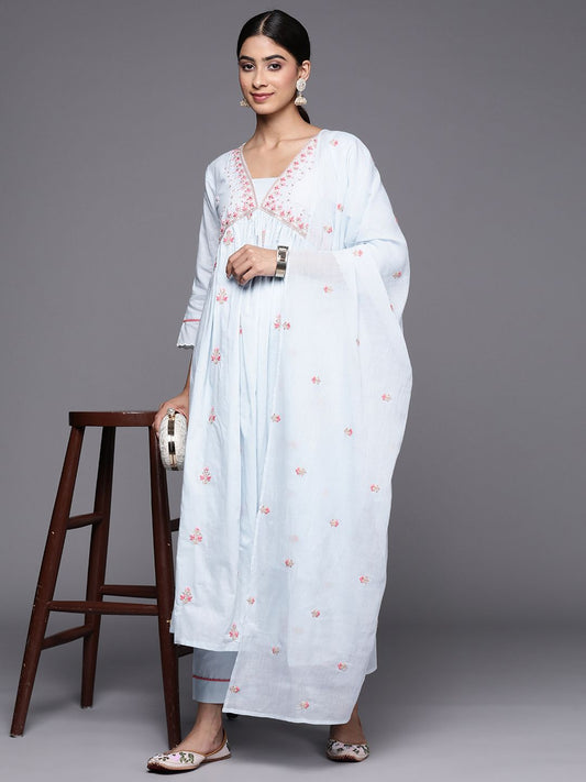 Dhiyona VA Women'sAlia Cut Floral Embroidered Empire Sequinned Pure Cotton Kurta With Trousers & Dupatta