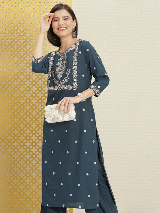 Dhiyona PD Women Women Navy Blue Thread Work Pure Cotton Kurta with Trousers