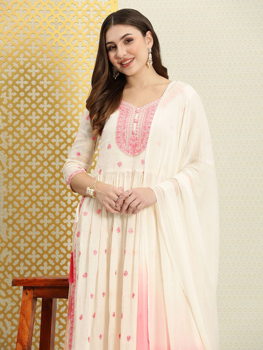 Dhiyona PD Women Women Jashn Floral Thread Work Pure Cotton Kurta With Trousers & Dupatta