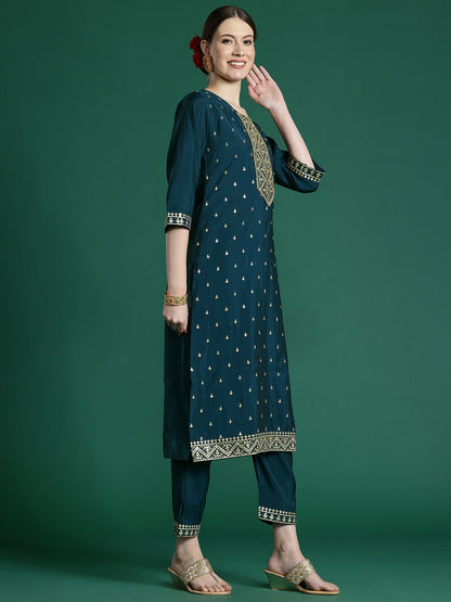 Women Embroidered Regular Sequinned Chanderi Silk Kurta with Trousers & With Dupatta