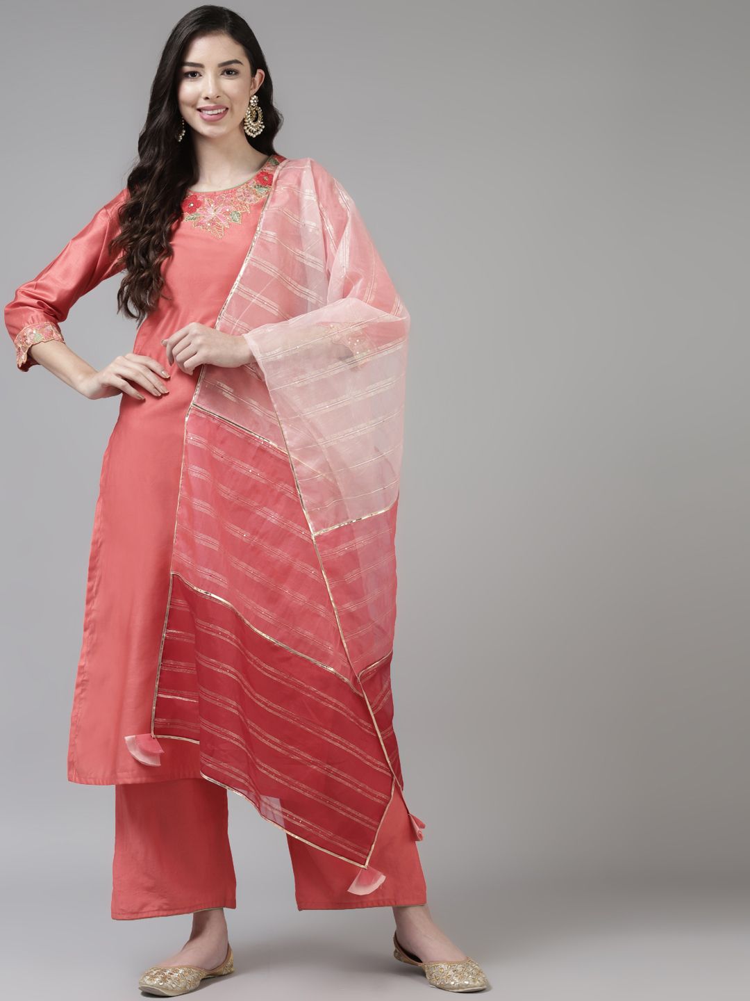 Dhiyona IE Women Pink Ethnic Motifs Embroidered Sequinned Kurta with Palazzos & With Dupatta