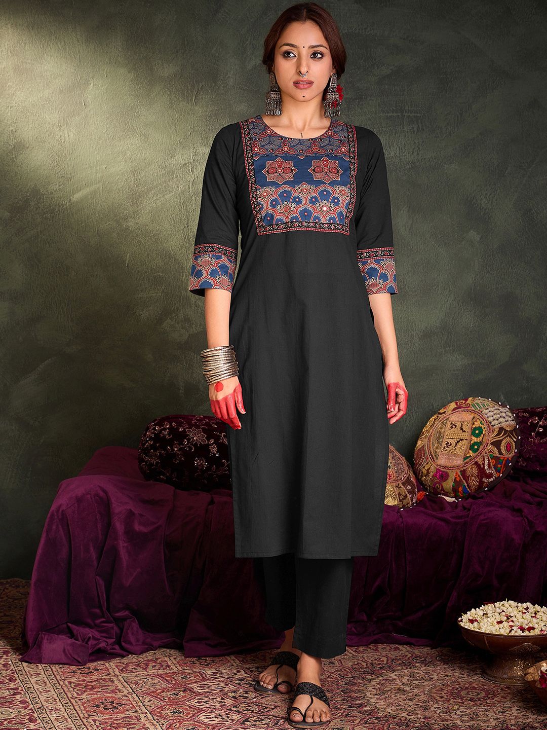 Floral Printed Round Neck Cotton Straight Kurta With Trousers & Dupatta