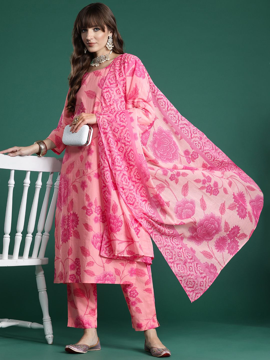 Dhiyona IE Floral Printed Pure Cotton Kurta with Trousers & With Dupatta