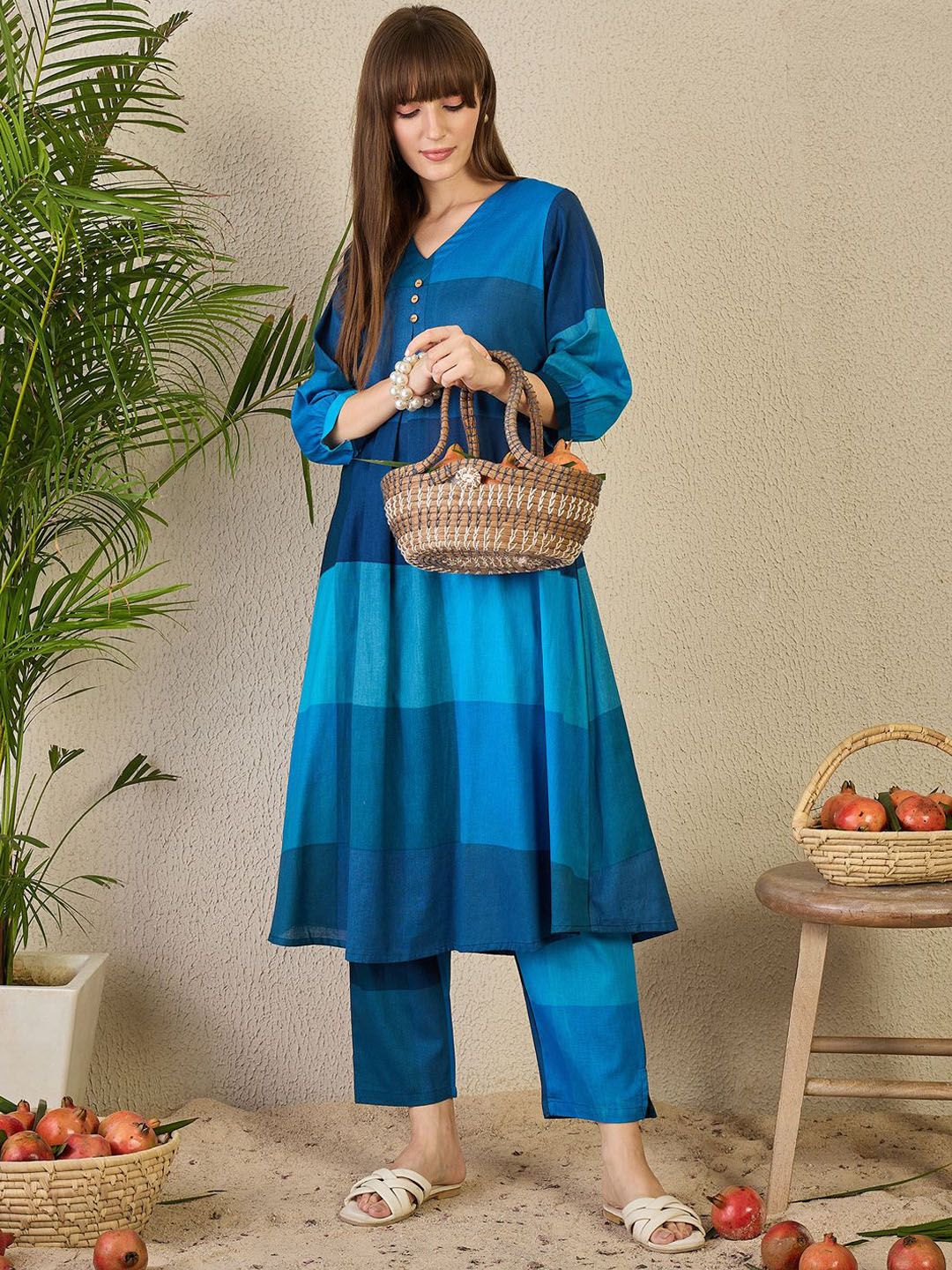 Women Colourblocked V-Neck A-Line Kurta with Trouser