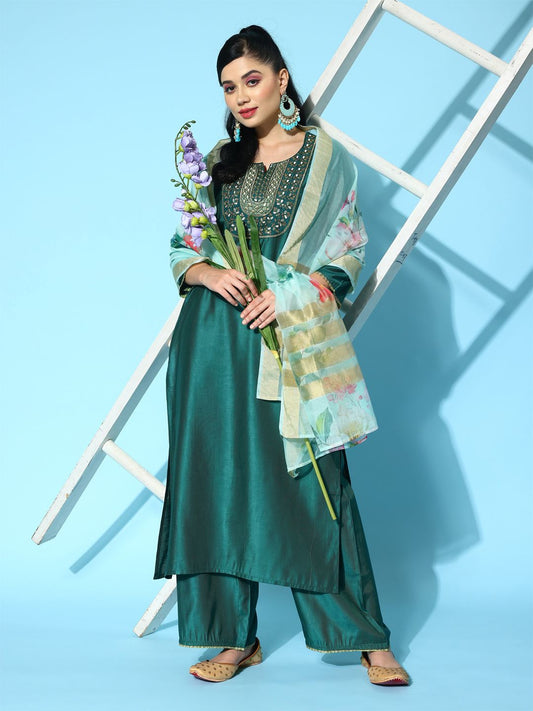 Dhiyona IE Ethnic Motifs Embroidered Sequinned Liva Kurta with Palazzos & Dupatta
