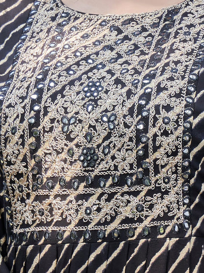 Dhiyona IE Black Leheriya Printed Mirror Work A-Line Kurta & Trousers & With Dupatta