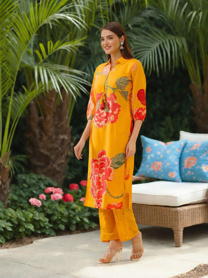 Dhiyona IS Women's Floral Printed Regular Cotton Kurta with Palazzos
