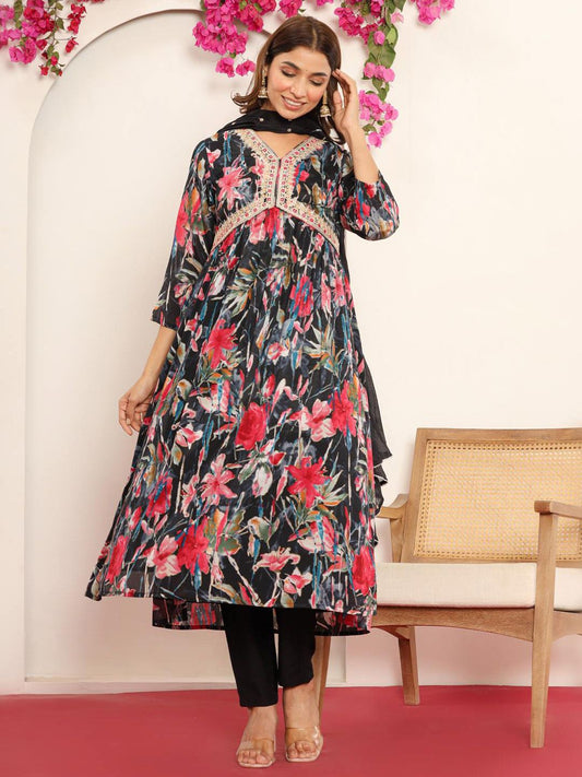 Dhiyona VA Women'sBlack Gotta Patti Floral Embroidered V-Neck Empire Kurta With Trousers & Dupatta