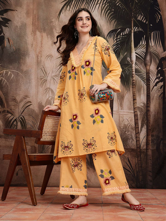 Dhiyona SN Women's Floral Printed Pure Cotton Kurta With Palazzos