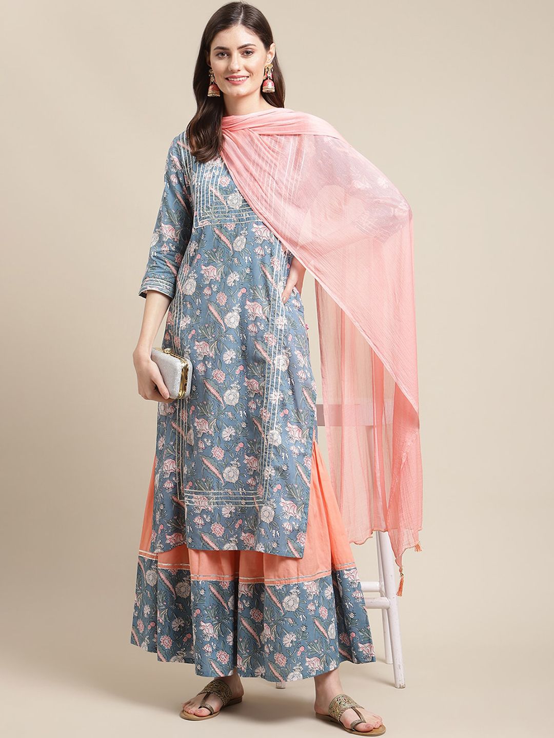 Dhiyona VA Women's Blue Ethnic Motifs Printed Kurta With Palazzos & Dupatta