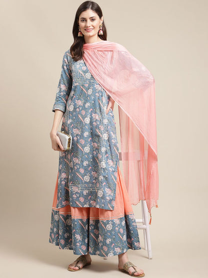 Dhiyona VA Women's Blue Ethnic Motifs Printed Kurta With Palazzos & Dupatta