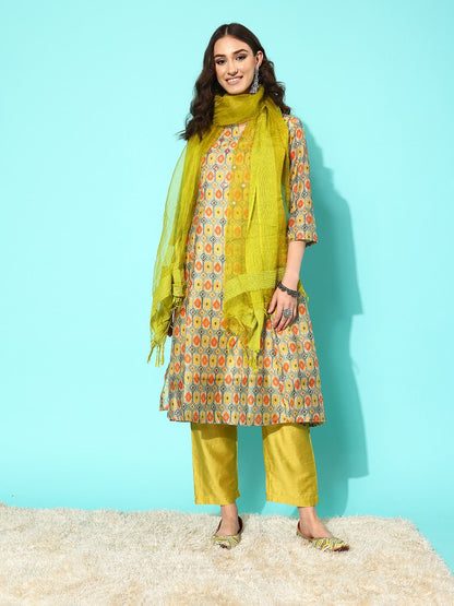 Dhiyona VA Women'sPrinted Panelled Kurta with Trousers & With Dupatta
