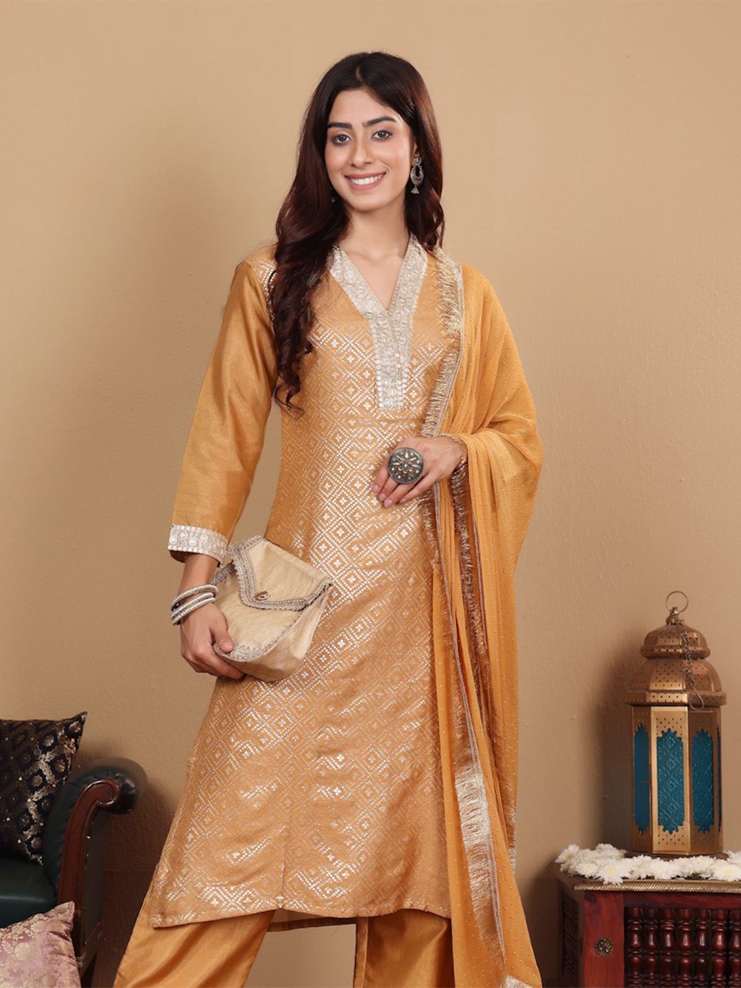 Dhiyona VA Women'sEthnic Motifs Woven Design Sequinned Straight Kurta with Trousers & Dupatta