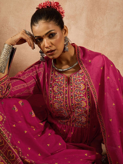 Dhiyona IE Women Floral Printed Panelled Mirror Work Pure Cotton Kurta with Trousers & With Dupatta