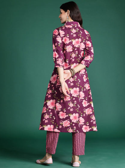 Dhiyona IE Women Floral Printed Regular Pure Cotton Kurta with Trousers