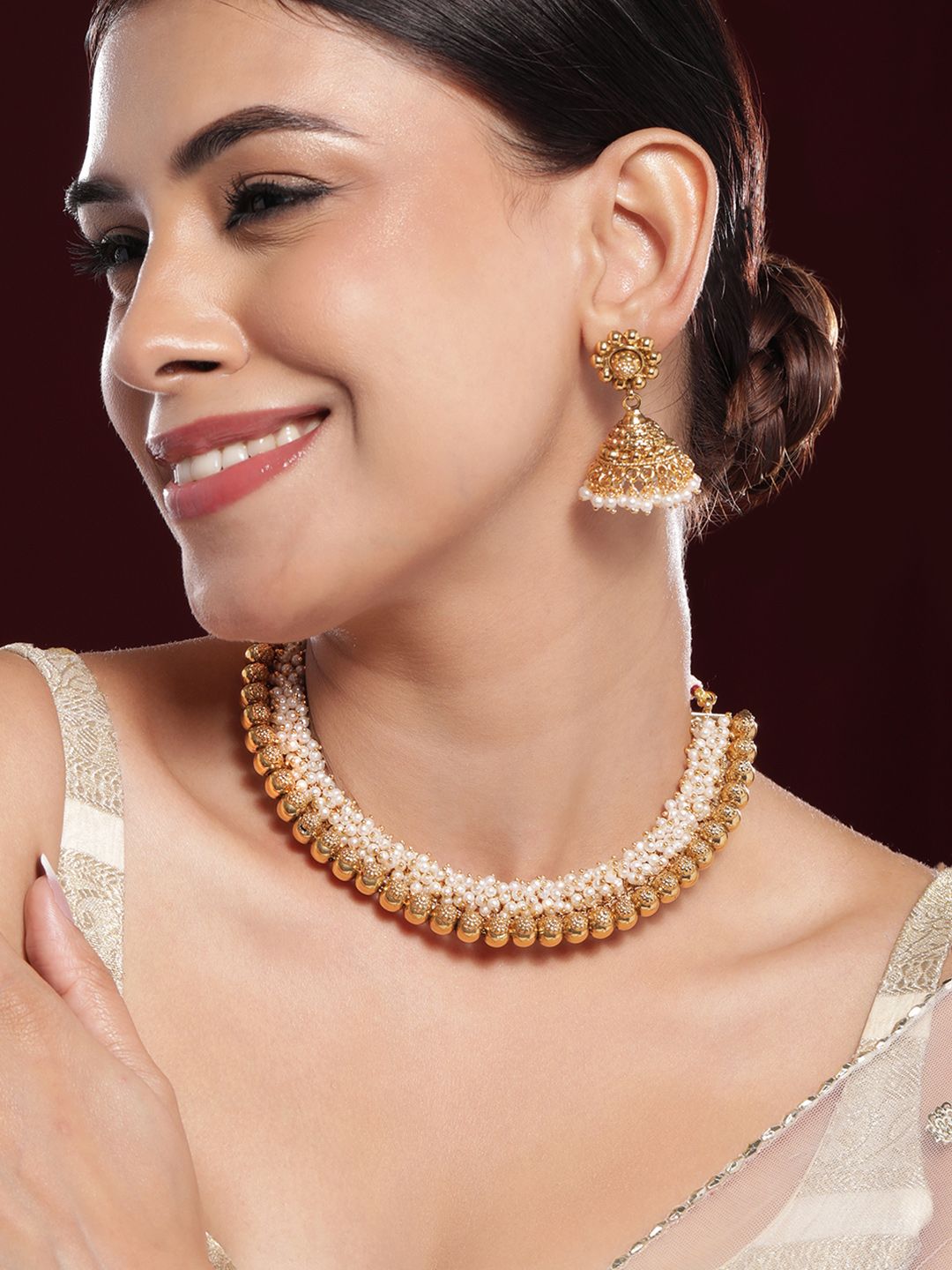 Dhiyona RJ Women's 22K Gold-Plated White Pearls & Golden Beads Studded Beaded Traditional Jewellery Se