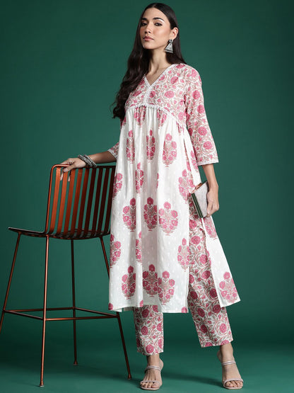 Dhiyona IE Women Floral Printed Empire Pure Cotton Kurta with Trousers