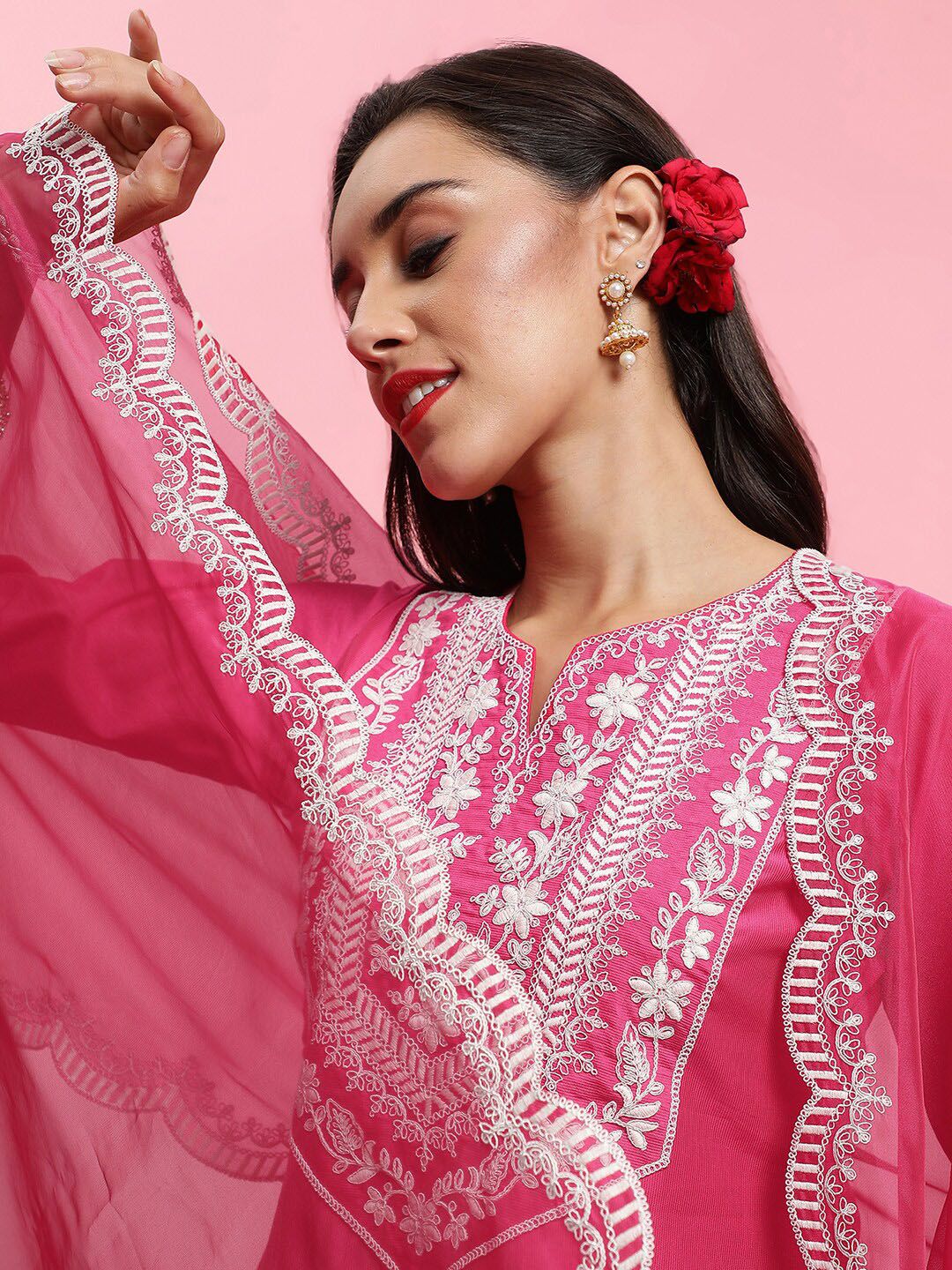Floral Embroidered Yoke Design Kurta With Trousers & Dupatta