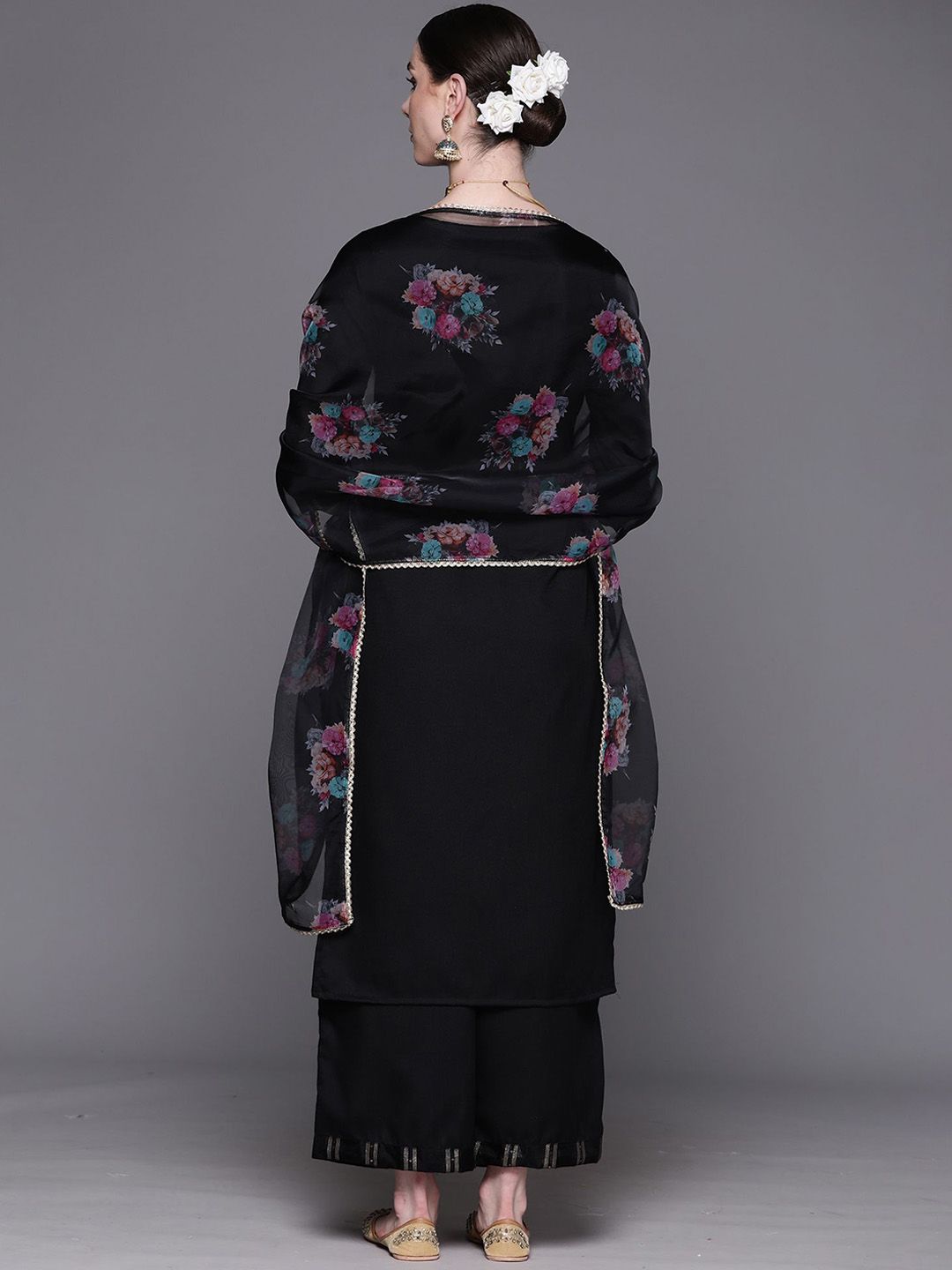 Floral Embroidered Pure Cotton Straight Kurta With Palazzos & Dupatta