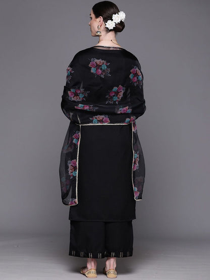 Floral Embroidered Pure Cotton Straight Kurta With Palazzos & Dupatta