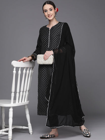 Women Black Floral Printed Kurta with Trousers & With Dupatta