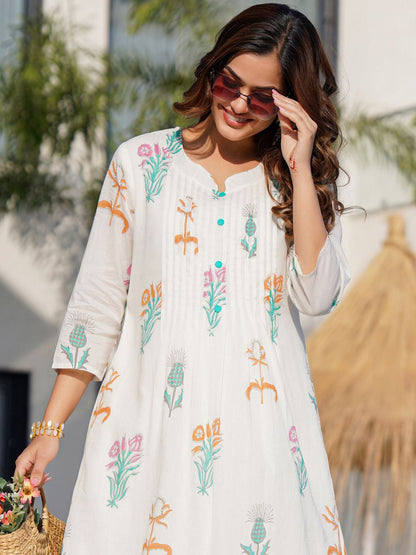 Floral Printed Pure Cotton Anarkali Kurta with Trousers
