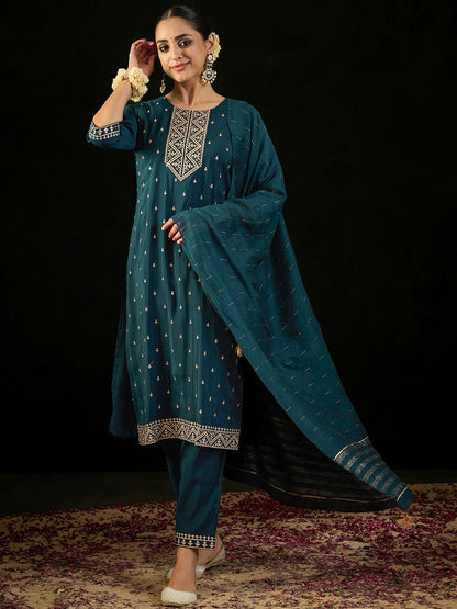 Dhiyona IE Round Neck Embroidered Sequinned Chanderi Silk Kurta with Trouser & Dupatta